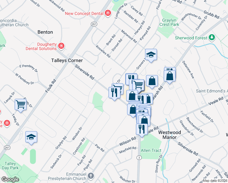 map of restaurants, bars, coffee shops, grocery stores, and more near 1801 Gravers Lane in Wilmington