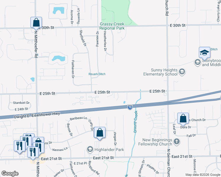 map of restaurants, bars, coffee shops, grocery stores, and more near 10540 East 25th Street in Indianapolis