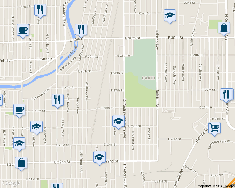 map of restaurants, bars, coffee shops, grocery stores, and more near 2712 Doctor Andrew J Brown Avenue in Indianapolis