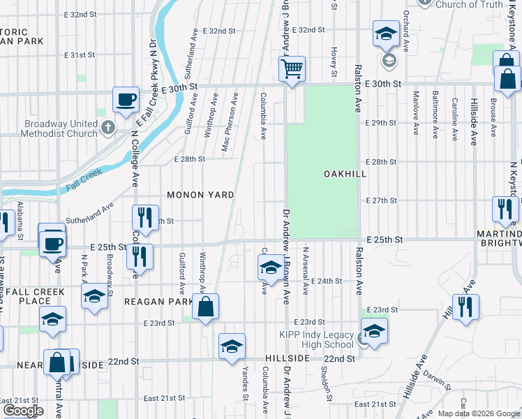 map of restaurants, bars, coffee shops, grocery stores, and more near 2706 Columbia Avenue in Indianapolis