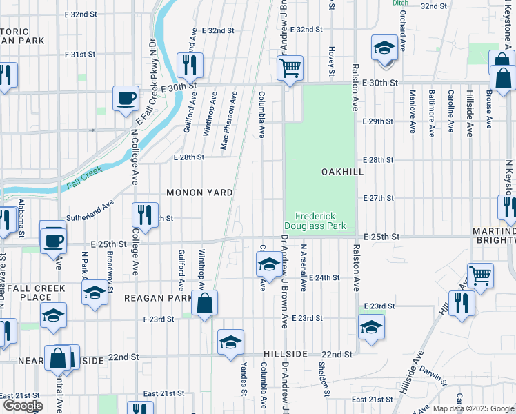 map of restaurants, bars, coffee shops, grocery stores, and more near 2706 Columbia Avenue in Indianapolis