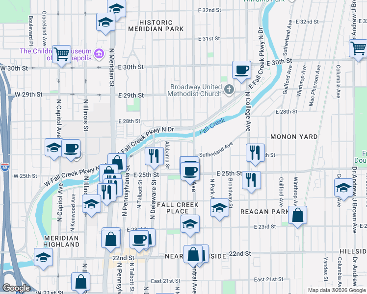map of restaurants, bars, coffee shops, grocery stores, and more near 333 East Fall Creek Parkway South Drive in Indianapolis