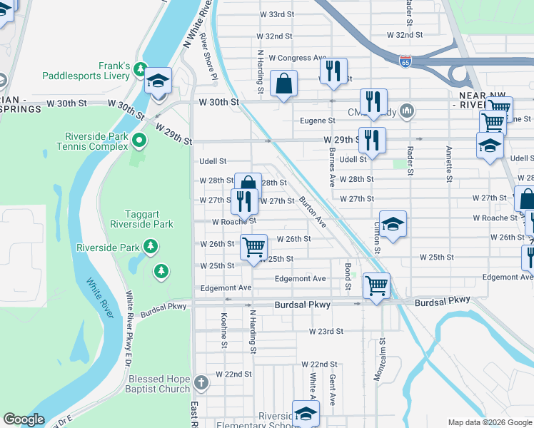 map of restaurants, bars, coffee shops, grocery stores, and more near 1360 West 27th Street in Indianapolis