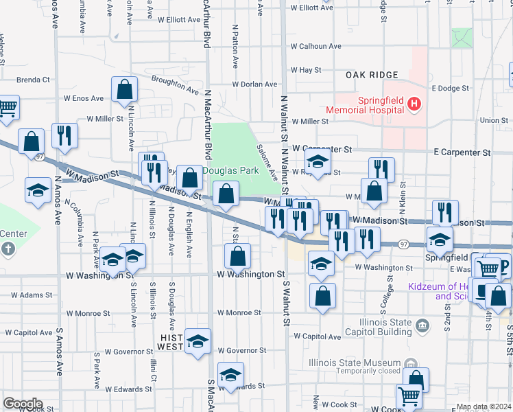 map of restaurants, bars, coffee shops, grocery stores, and more near 821 West Jefferson Street in Springfield