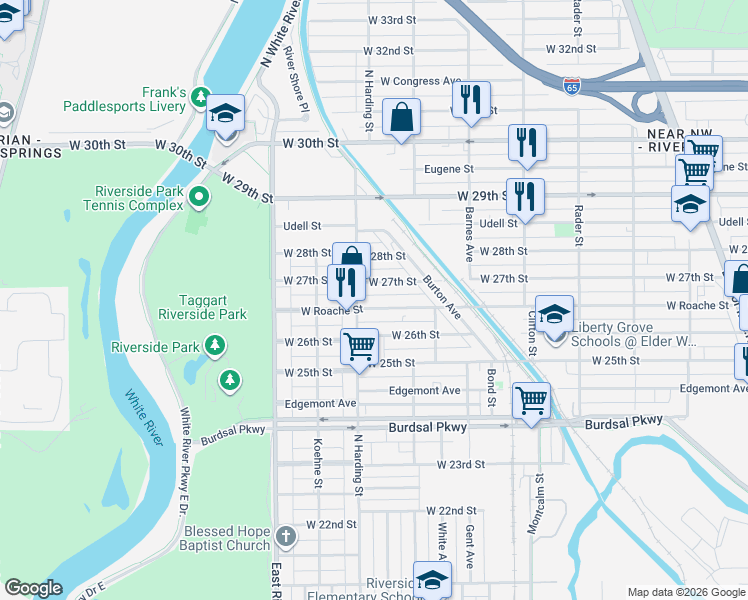 map of restaurants, bars, coffee shops, grocery stores, and more near 1354 West Roache Street in Indianapolis