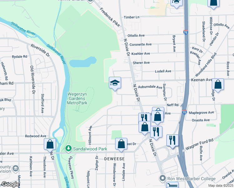 map of restaurants, bars, coffee shops, grocery stores, and more near 4128 Cedar Ridge Road in Dayton