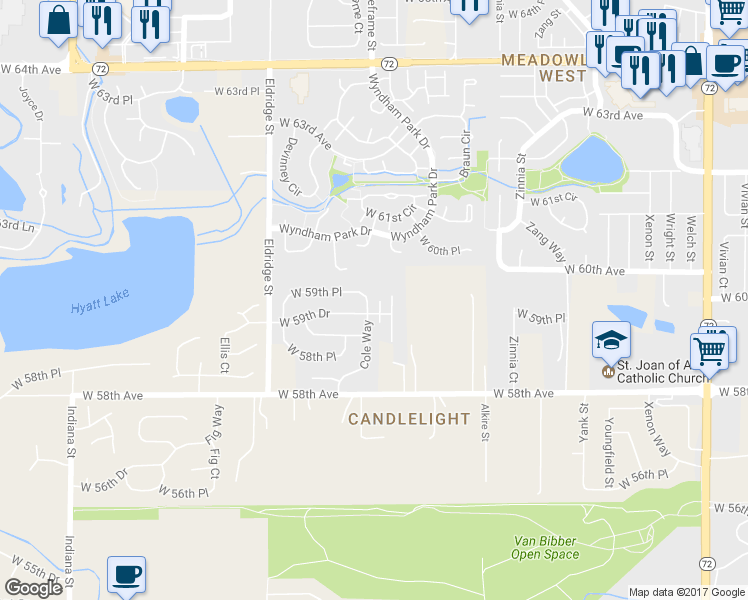 map of restaurants, bars, coffee shops, grocery stores, and more near 5994 Cole Way in Arvada