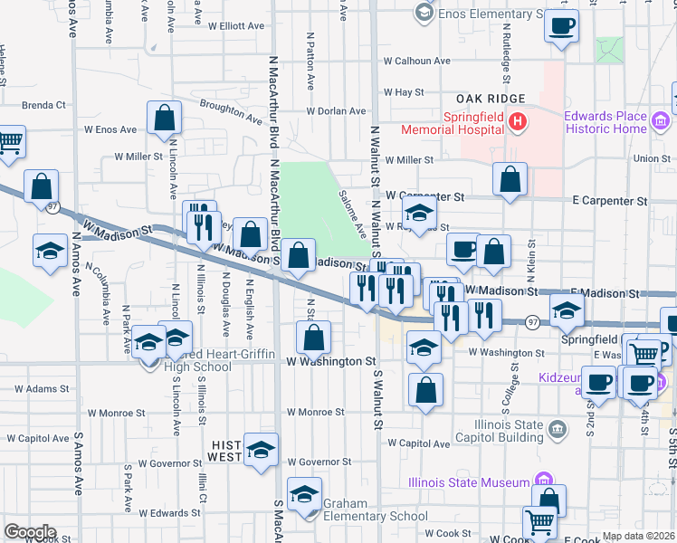 map of restaurants, bars, coffee shops, grocery stores, and more near 821 West Jefferson Street in Springfield