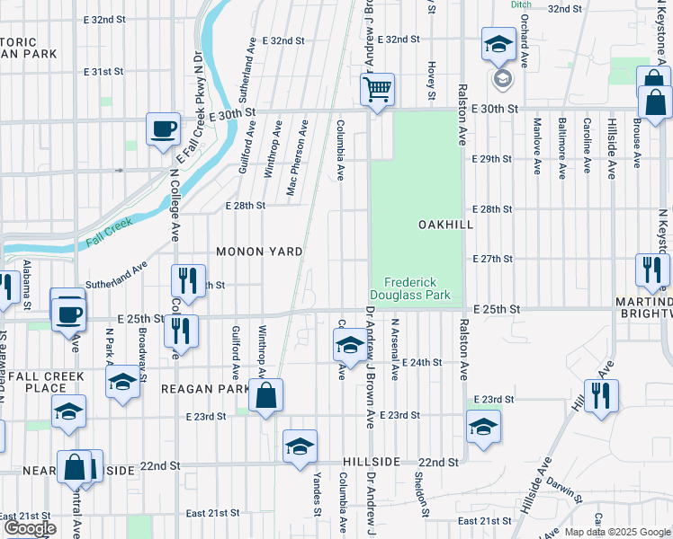 map of restaurants, bars, coffee shops, grocery stores, and more near 2706 Columbia Avenue in Indianapolis