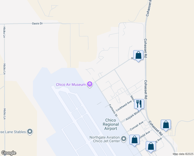 map of restaurants, bars, coffee shops, grocery stores, and more near 200 Ryan Avenue in Chico