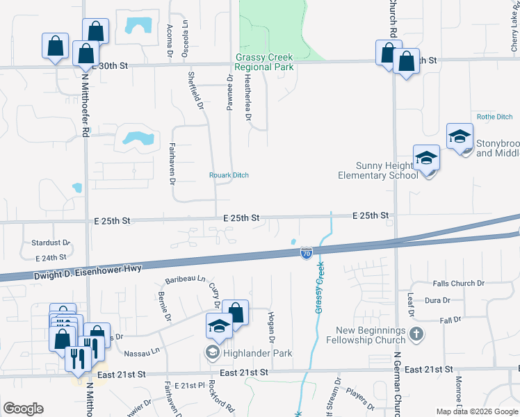 map of restaurants, bars, coffee shops, grocery stores, and more near 10540 East 25th Street in Indianapolis