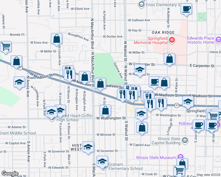 map of restaurants, bars, coffee shops, grocery stores, and more near 821 West Jefferson Street in Springfield