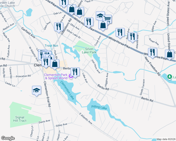 map of restaurants, bars, coffee shops, grocery stores, and more near 32 Trout Avenue in Clementon