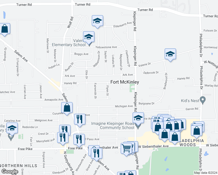 map of restaurants, bars, coffee shops, grocery stores, and more near 3972 Flynn Street in Dayton