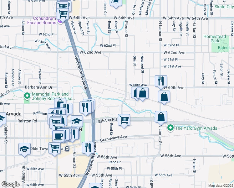 map of restaurants, bars, coffee shops, grocery stores, and more near 5901 Pierce Street in Arvada