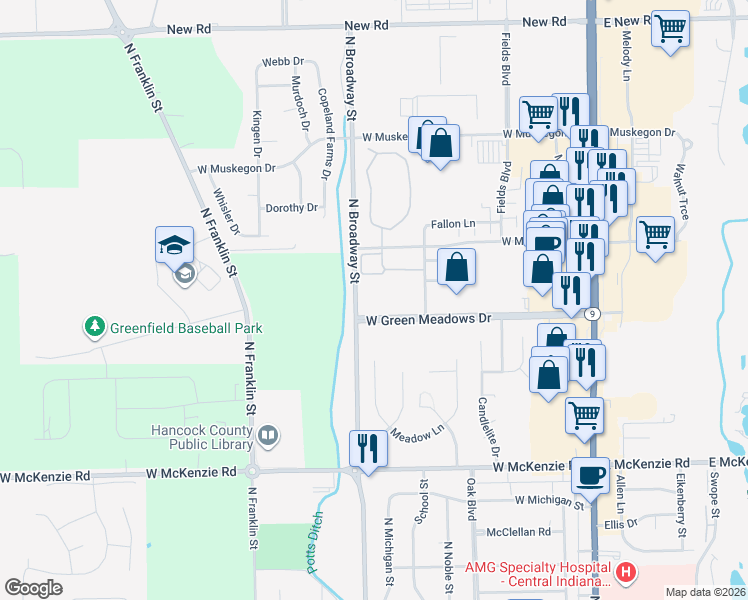 map of restaurants, bars, coffee shops, grocery stores, and more near 740 West Green Meadows Drive in Greenfield