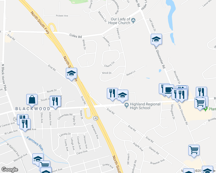 map of restaurants, bars, coffee shops, grocery stores, and more near 51 Peters Lane in Gloucester Township