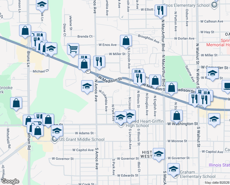 map of restaurants, bars, coffee shops, grocery stores, and more near 300 North Park Avenue in Springfield