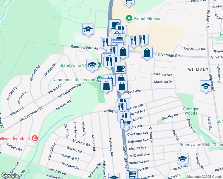 map of restaurants, bars, coffee shops, grocery stores, and more near 3660 Concord Pike in Wilmington