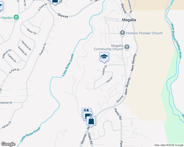 map of restaurants, bars, coffee shops, grocery stores, and more near 13655 Yahi Court in Magalia