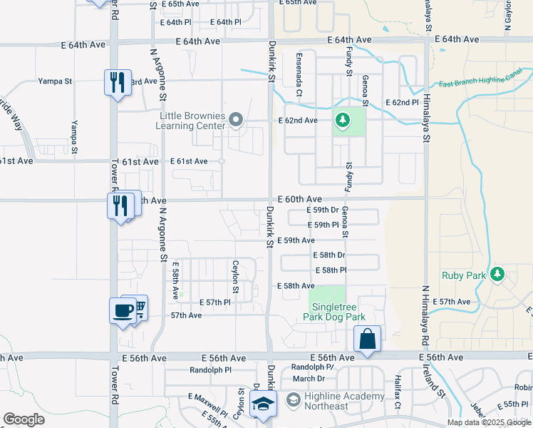 map of restaurants, bars, coffee shops, grocery stores, and more near 19307 North Dunkirk Street in Aurora