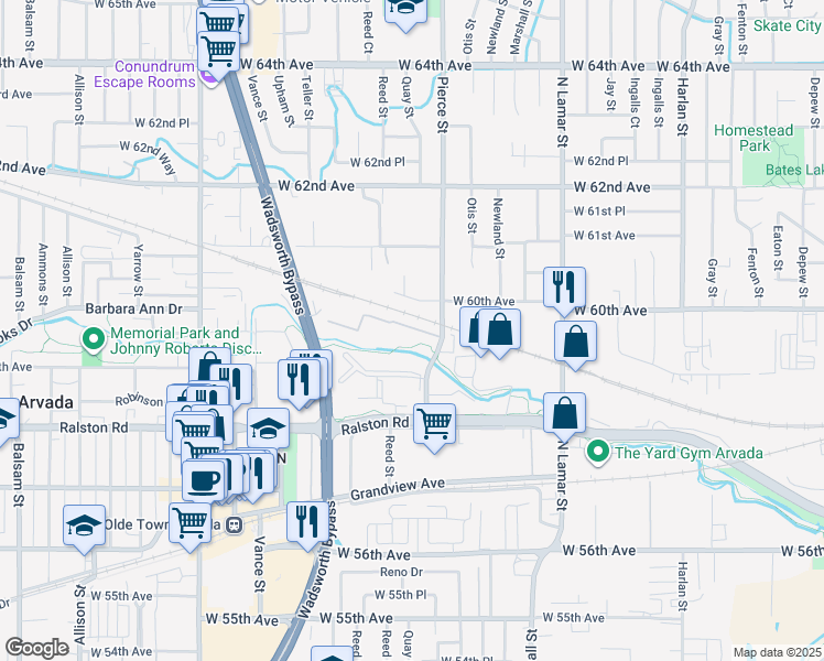 map of restaurants, bars, coffee shops, grocery stores, and more near 6950 West 60th Avenue in Arvada
