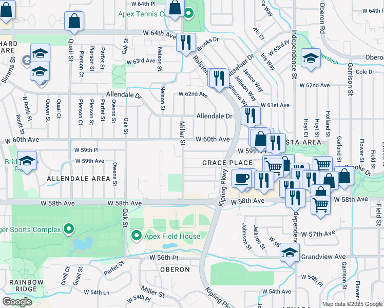 map of restaurants, bars, coffee shops, grocery stores, and more near 10380 West 60th Avenue in Arvada
