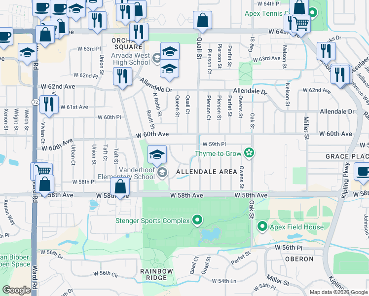 map of restaurants, bars, coffee shops, grocery stores, and more near 11259 West 59th Place in Arvada