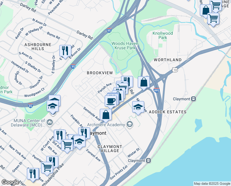 map of restaurants, bars, coffee shops, grocery stores, and more near 1378 Parish Avenue in Claymont