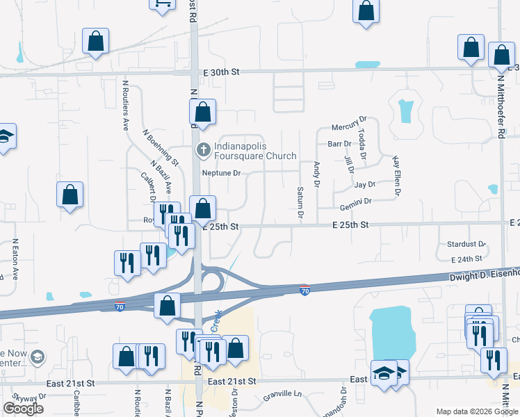 map of restaurants, bars, coffee shops, grocery stores, and more near 2602 Constellation Drive in Indianapolis