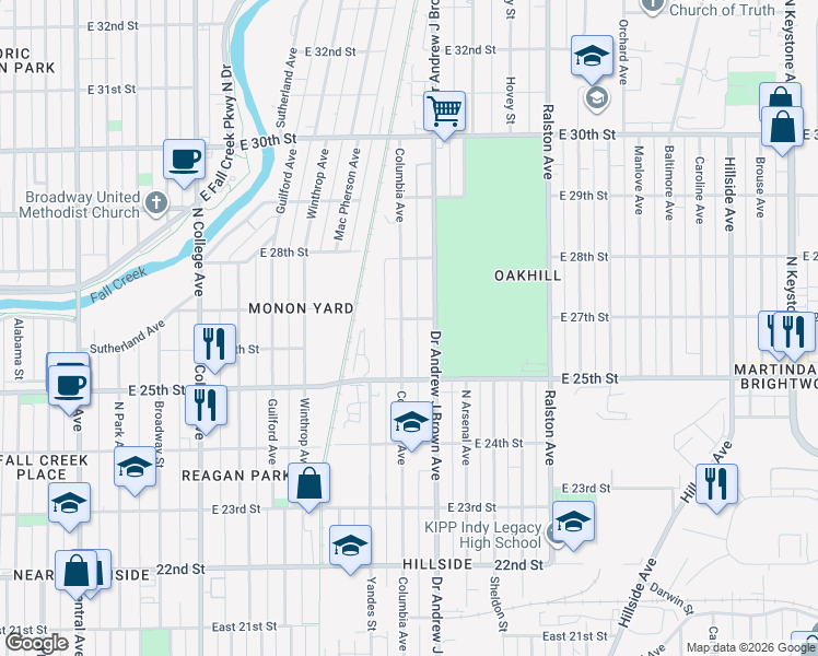map of restaurants, bars, coffee shops, grocery stores, and more near 2712 Doctor Andrew J Brown Avenue in Indianapolis