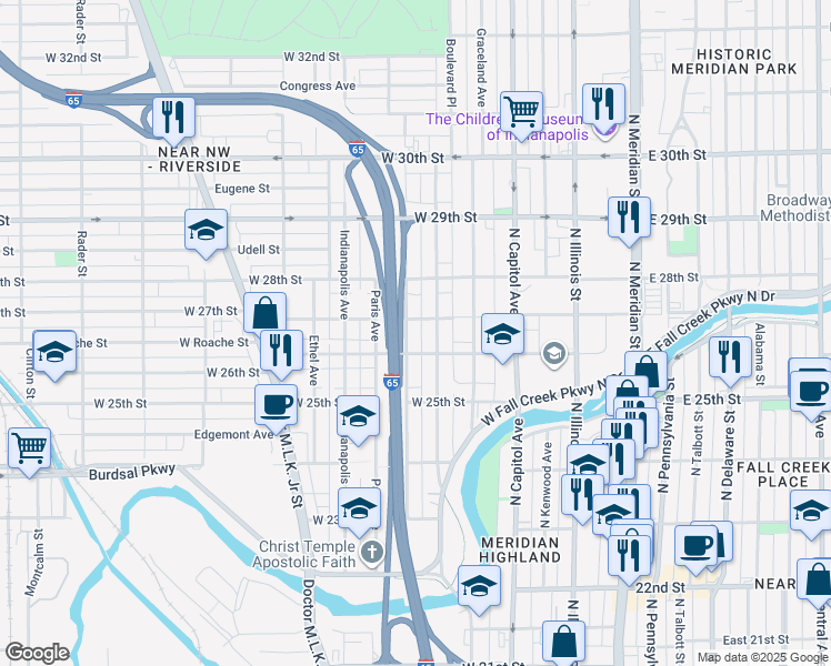 map of restaurants, bars, coffee shops, grocery stores, and more near 2704 Highland Place in Indianapolis