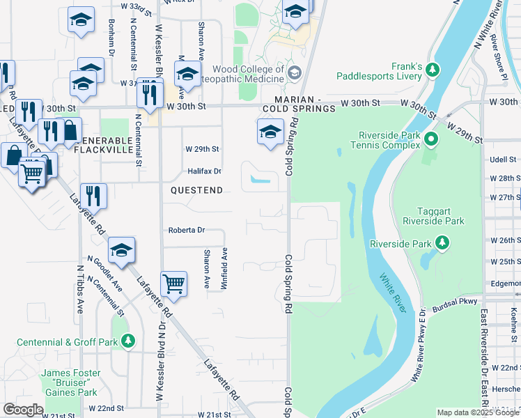 map of restaurants, bars, coffee shops, grocery stores, and more near 2609 Granada Circle in Indianapolis