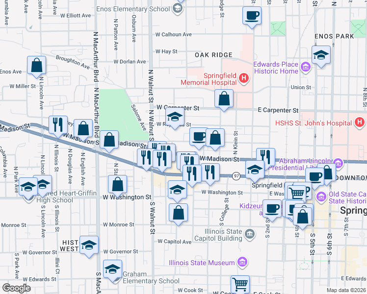 map of restaurants, bars, coffee shops, grocery stores, and more near 427-499 West Mason Street in Springfield