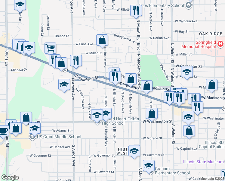 map of restaurants, bars, coffee shops, grocery stores, and more near 1043-1067 West Jefferson Street in Springfield
