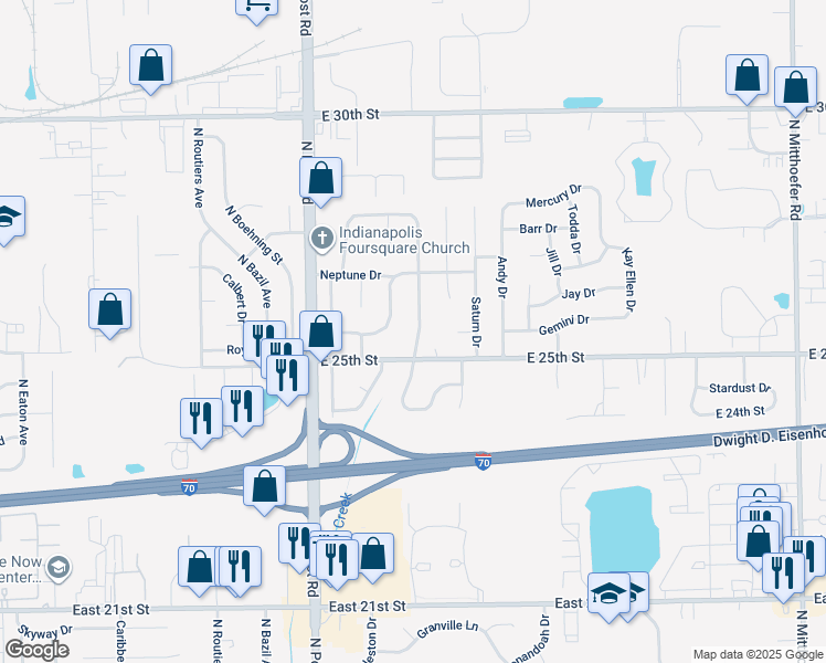 map of restaurants, bars, coffee shops, grocery stores, and more near 2602 Constellation Drive in Indianapolis