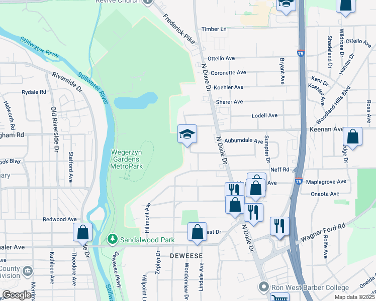map of restaurants, bars, coffee shops, grocery stores, and more near 4128 Cedar Ridge Road in Dayton