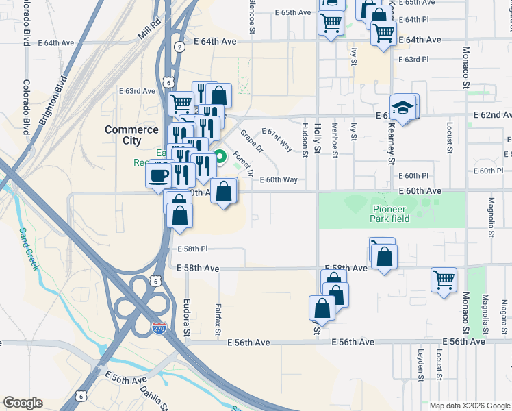 map of restaurants, bars, coffee shops, grocery stores, and more near 5960 Glencoe Street in Commerce City