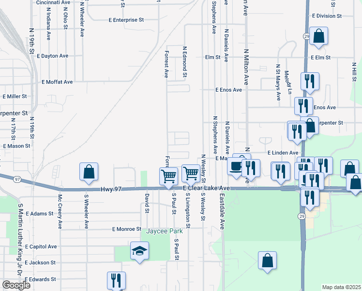 map of restaurants, bars, coffee shops, grocery stores, and more near 449-461 North Wesley Street in Springfield