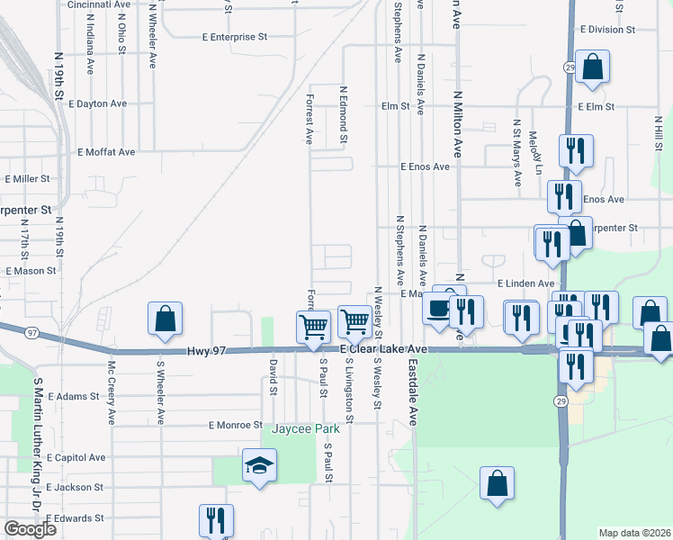 map of restaurants, bars, coffee shops, grocery stores, and more near 449-461 North Wesley Street in Springfield