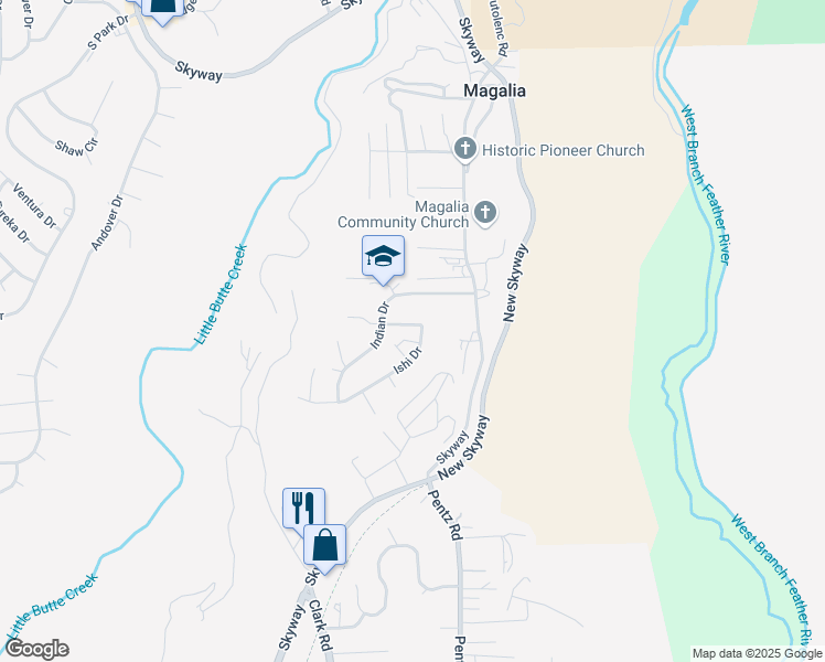 map of restaurants, bars, coffee shops, grocery stores, and more near 6751 Ishi Drive in Magalia