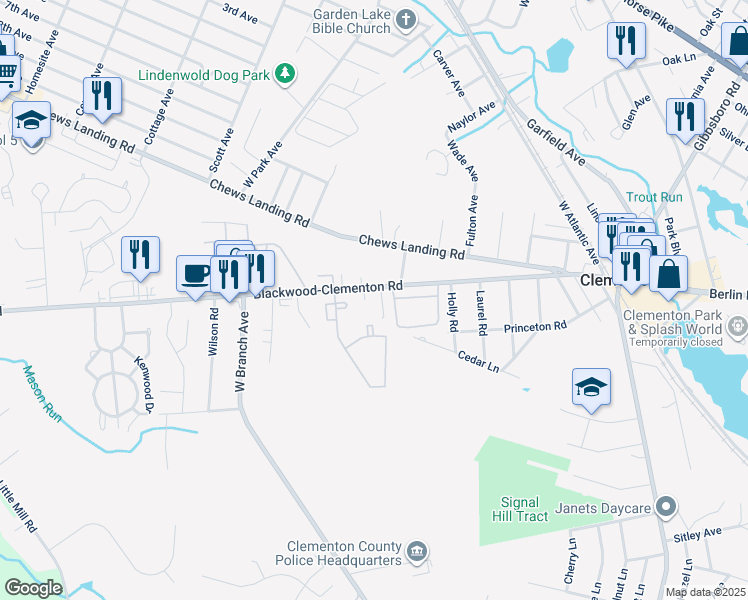 map of restaurants, bars, coffee shops, grocery stores, and more near 200-202 Blackwood-Clementon Road in Pine Hill