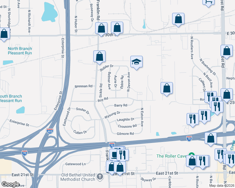 map of restaurants, bars, coffee shops, grocery stores, and more near 2607 Ebbie Road in Indianapolis