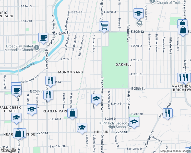 map of restaurants, bars, coffee shops, grocery stores, and more near 2712 Doctor Andrew J Brown Avenue in Indianapolis