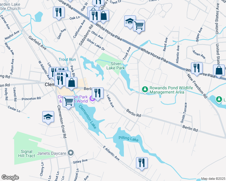 map of restaurants, bars, coffee shops, grocery stores, and more near 32 Trout Avenue in Clementon