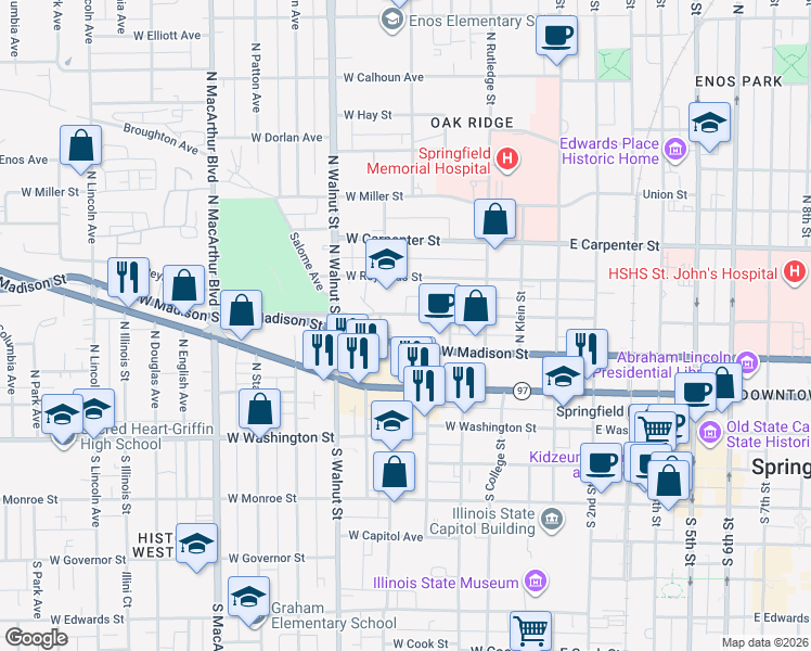 map of restaurants, bars, coffee shops, grocery stores, and more near 427-499 West Mason Street in Springfield