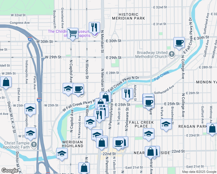 map of restaurants, bars, coffee shops, grocery stores, and more near 2703 North Pennsylvania Street in Indianapolis