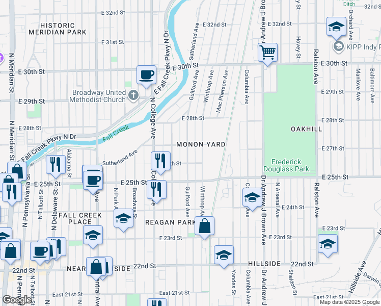 map of restaurants, bars, coffee shops, grocery stores, and more near 825 East 27th Street in Indianapolis