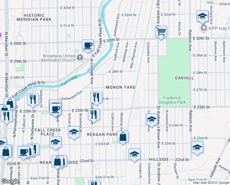 map of restaurants, bars, coffee shops, grocery stores, and more near 825 East 27th Street in Indianapolis