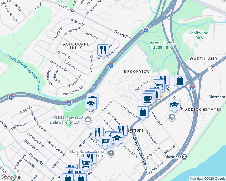 map of restaurants, bars, coffee shops, grocery stores, and more near 607 McComb Place in Claymont